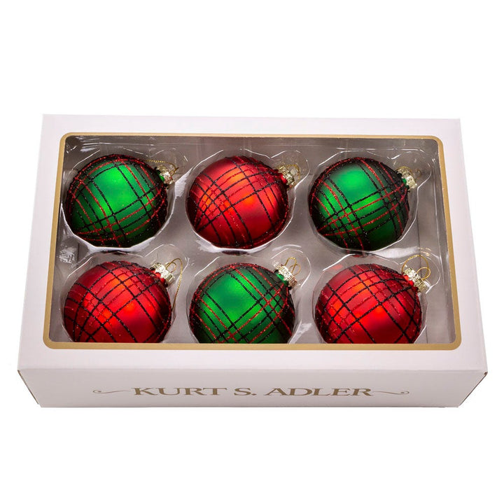 Kurt Adler 80 MM Red and Green Plaid Glitter Balls, 6-Piece Set