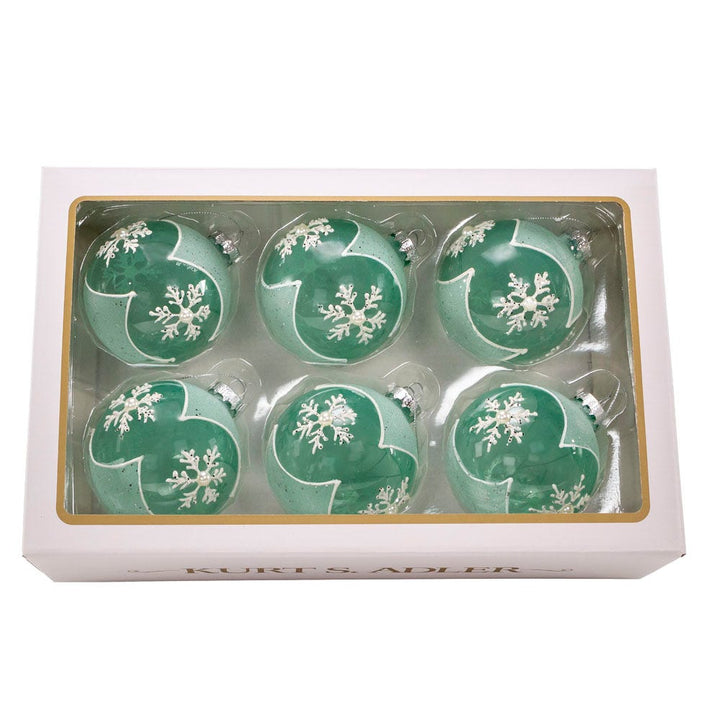 Kurt Adler 80MM Glass Teal Snowflake 6-Piece Ball Ornament Set