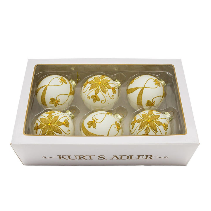 Kurt Adler 80 MM White Balls with Gold Beads, 6-Piece Set