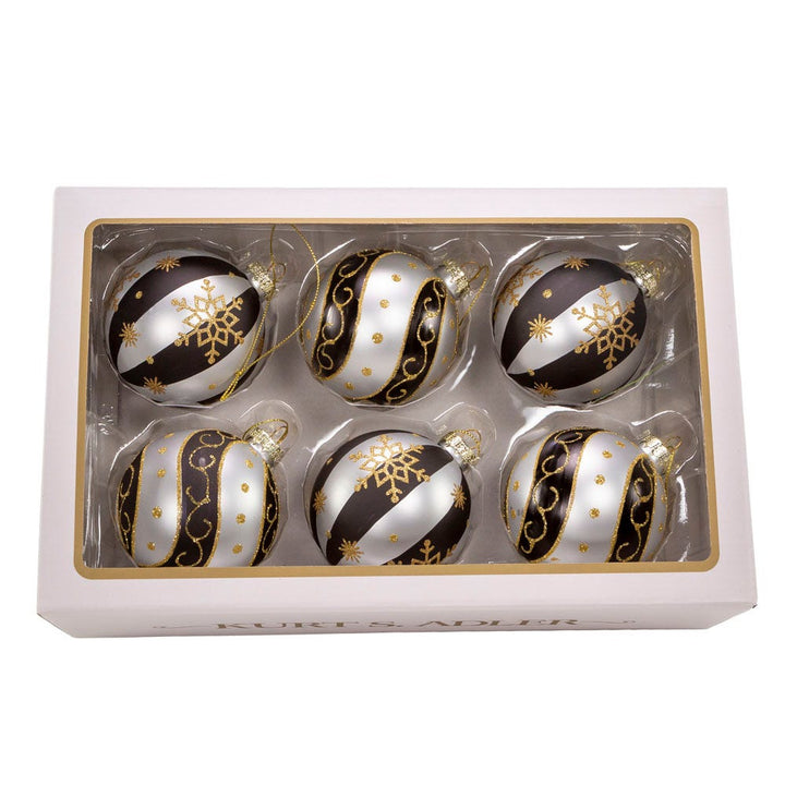 Kurt Adler 80 MM Silver/ Black/ Gold Glass Balls, 6-Piece Set