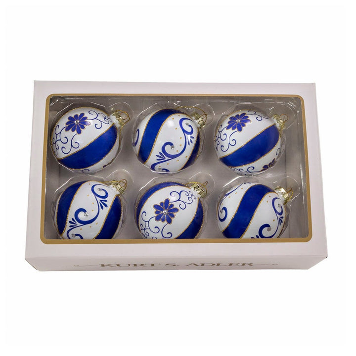 Kurt Adler 80 MM Blue and White Glass Balls, 6-Piece Set