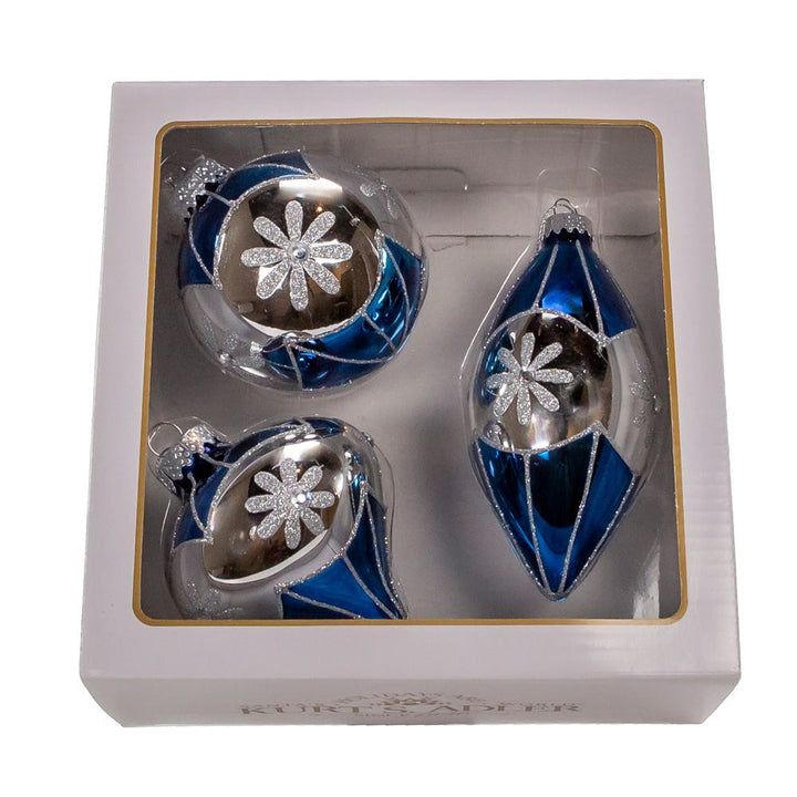 Kurt Adler 80MM Glass Blue Snowflake Ball, Onion and Teardrop Shaped Ornaments, 3-Piece Set