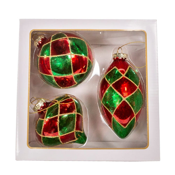 Kurt Adler 80 MM Green and Red Ball, Onion, Teardrop, 3-Piece Set