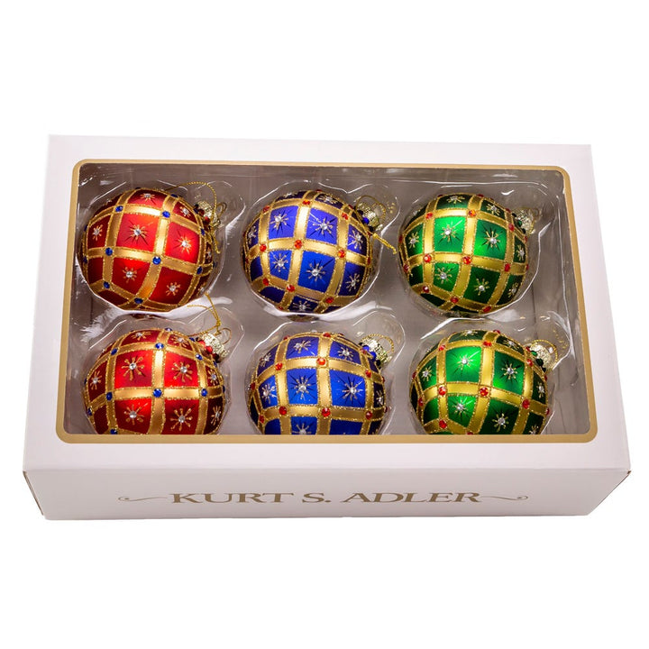 Kurt Adler 80MM Glass Red, Green and Blue Jewel 6-Piece Ball Ornament Set