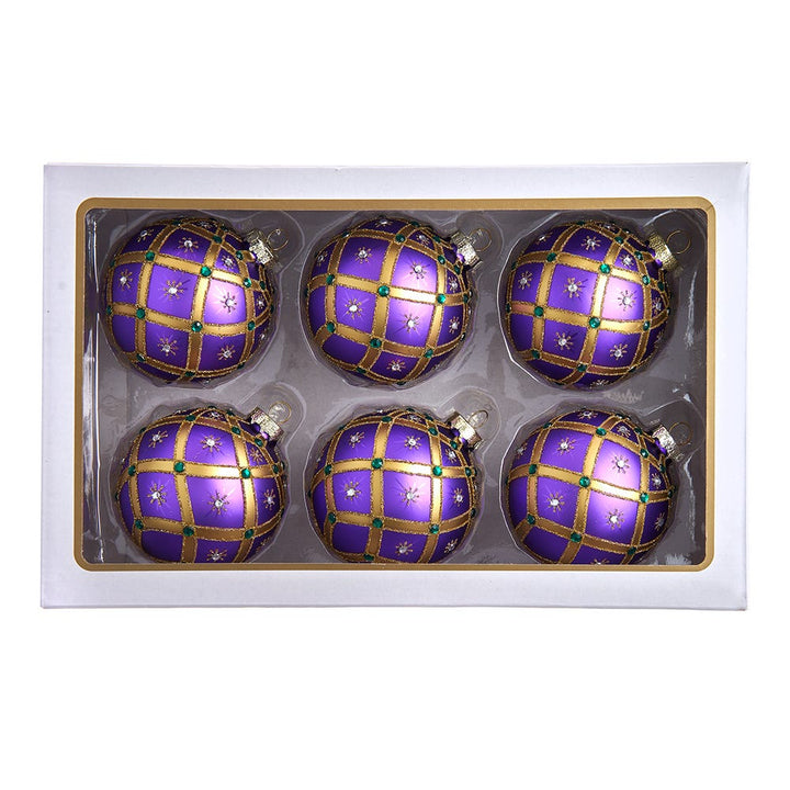 Kurt Adler 80MM Glass Purple Jewel 6-Piece Ball Ornament Set