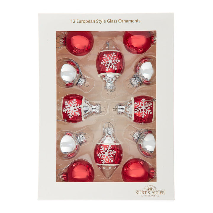 Kurt Adler 35MM Glass Red and Silver With Snowflake Ball 12-Piece Ornament Set