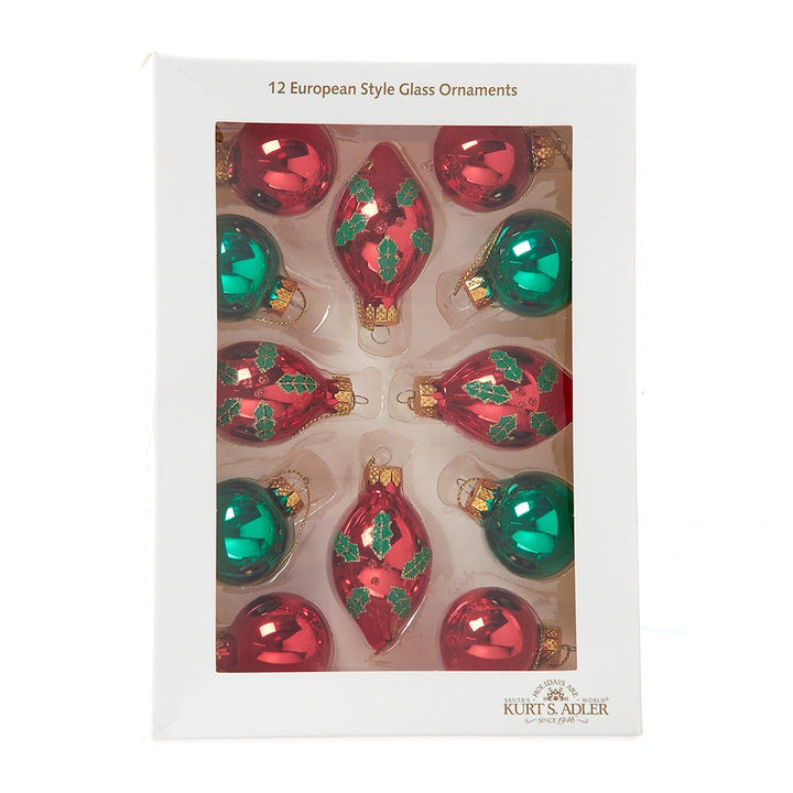 Kurt Adler 35MM Glass Green and Red With Holly Leaves Ball 12-Piece Ornament Set