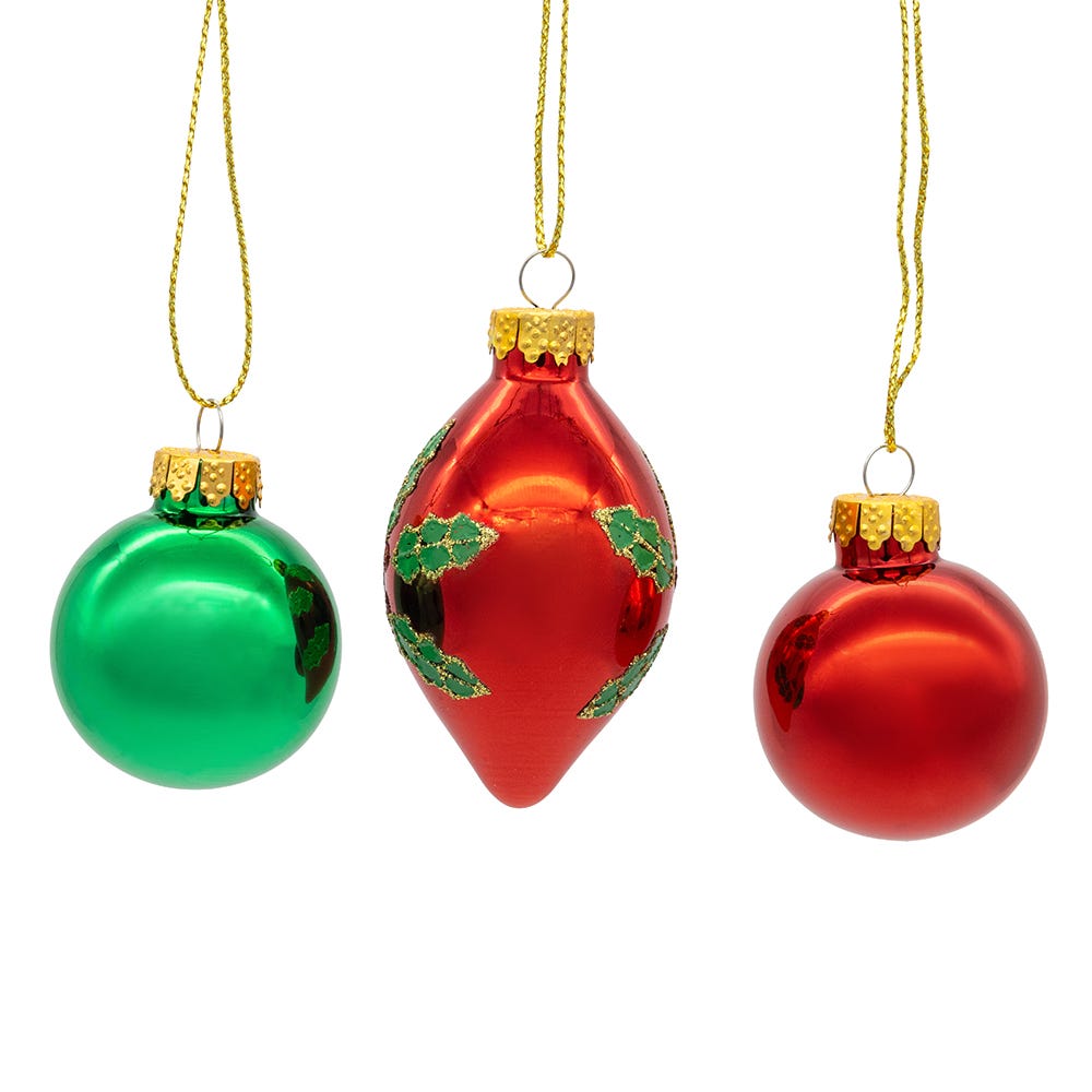 Kurt Adler 35MM Glass Green and Red With Holly Leaves Ball 12-Piece Ornament Set