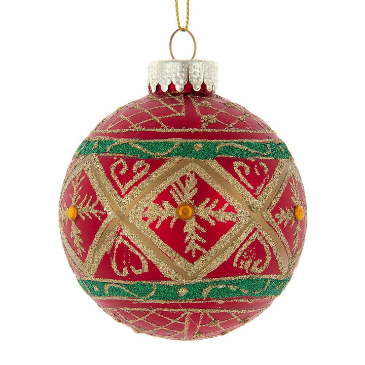 Kurt Adler 80MM Glass Red With Green and Gold Design Ball 6-Piece Ornament Set