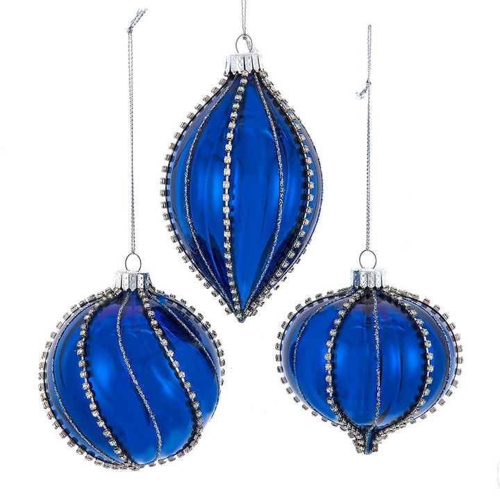 Kurt Adler 80MM Glass Shiny Blue Gemmed Onion, Finial and Ball 3-Piece Ornament Set