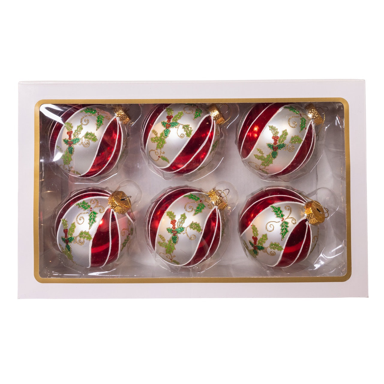 Kurt Adler 80MM Glass Red, White & Green Holly Berry Ball Ornament, 6-Piece Box #GG1081