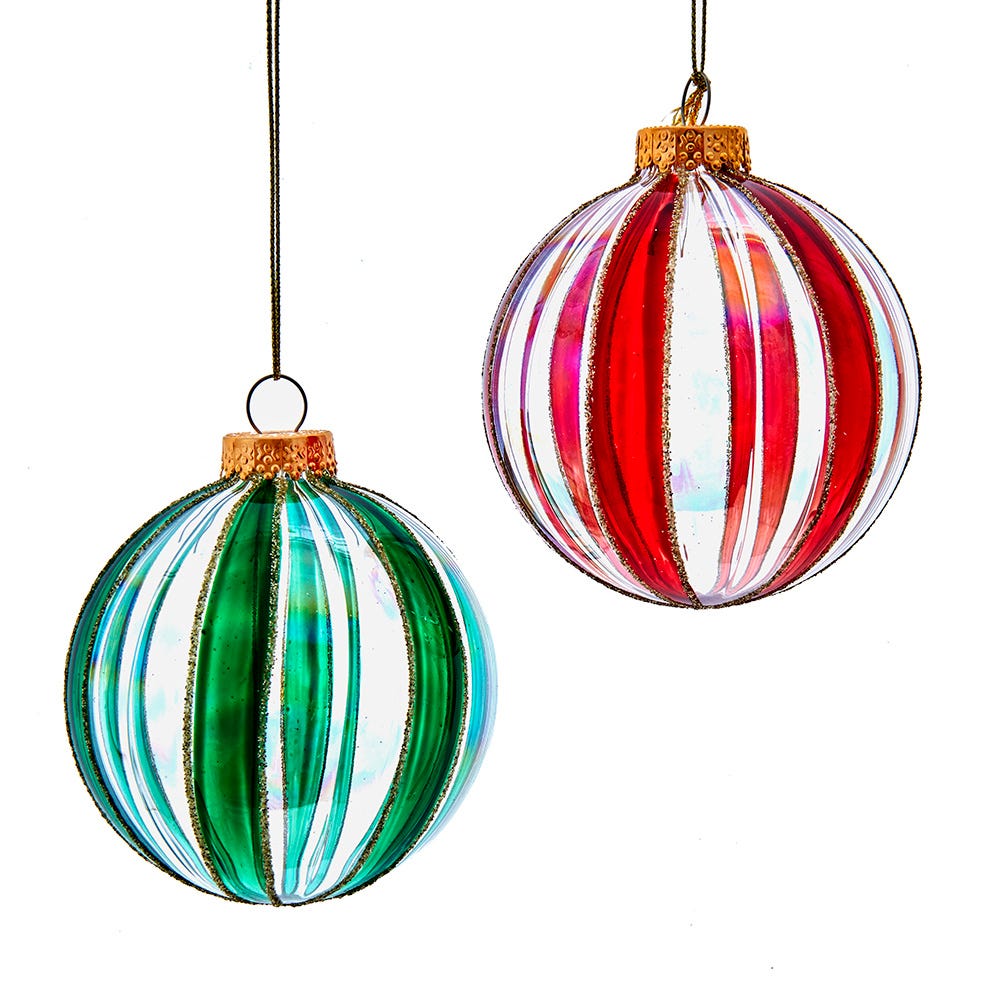 Kurt Adler 80MM Glass Red, White and Green Striped Ball Ornament, 6-Piece Box GG1082