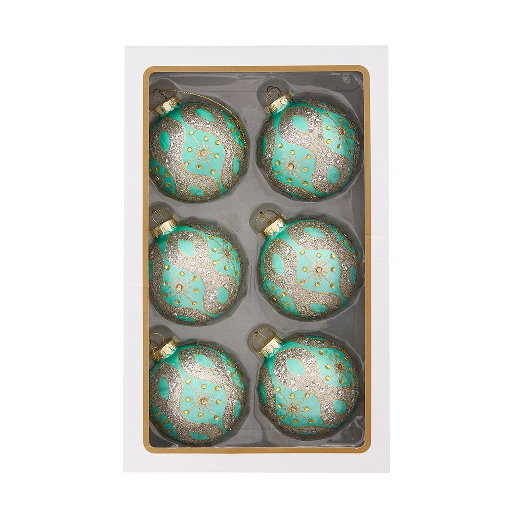Kurt Adler 80MM Glass Teal and Blue Glass Ornaments, 6-Piece Box GG1085