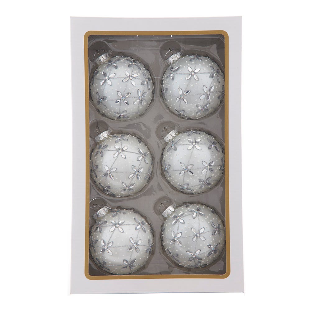 Kurt Adler 80MM Glass Silver Jeweled Ball Ornaments, 6-Piece Box GG1088