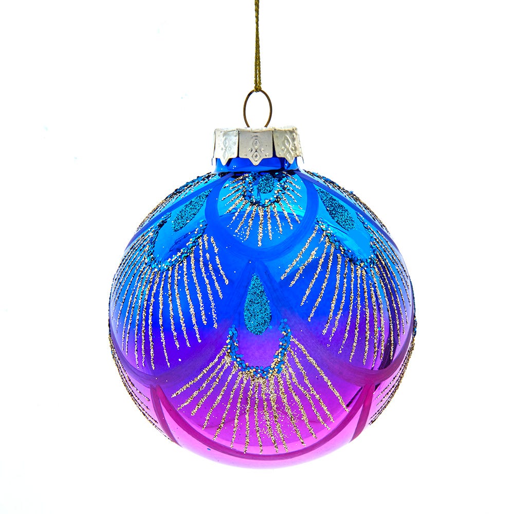 Kurt Adler 80MM Glass Purple and Blue Peacock Ball Ornaments, beautifully packaged in a 6-piece box GG1090