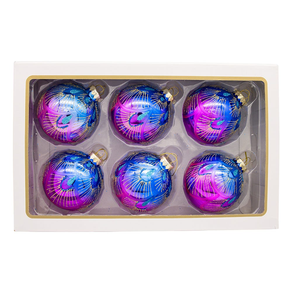 Kurt Adler 80MM Glass Purple and Blue Peacock Ball Ornaments, beautifully packaged in a 6-piece box