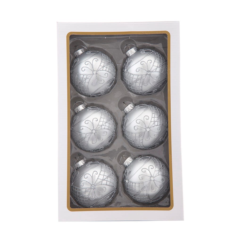 Kurt Adler 80MM Glass Silver Decorative Ball Ornaments, 6-Piece Set GG1091