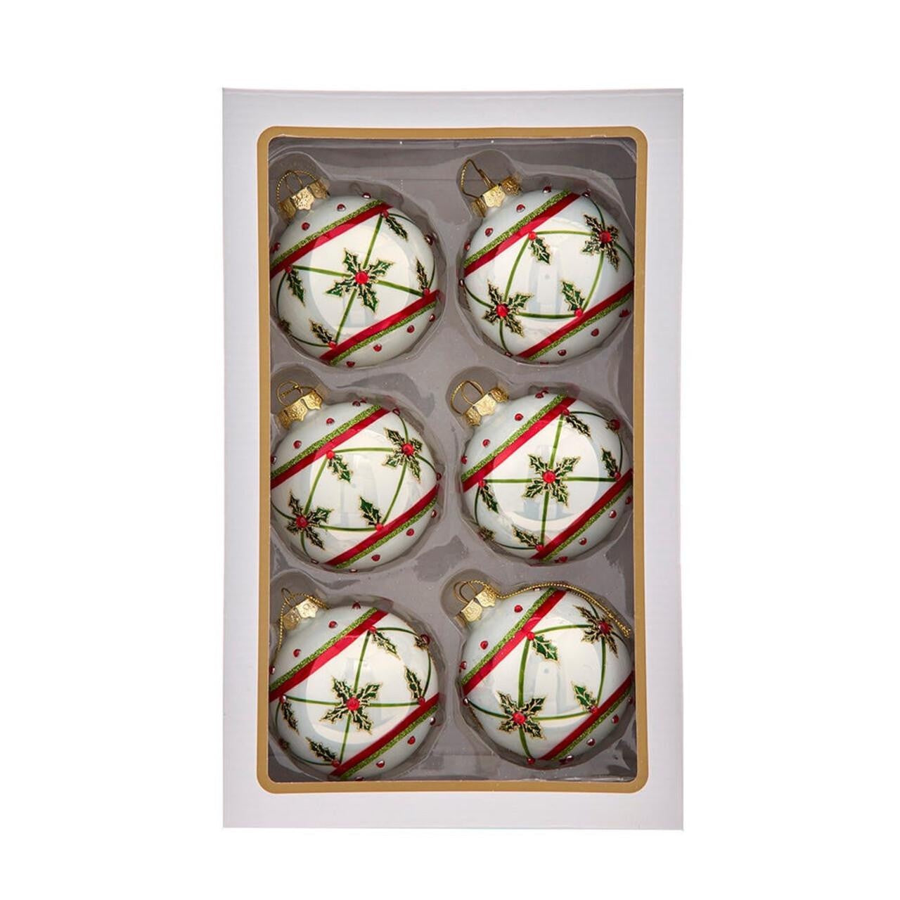 Kurt Adler 80MM Glass White, Red & Green Holly Berry Ball Ornaments, 6-Piece Box #GG1093