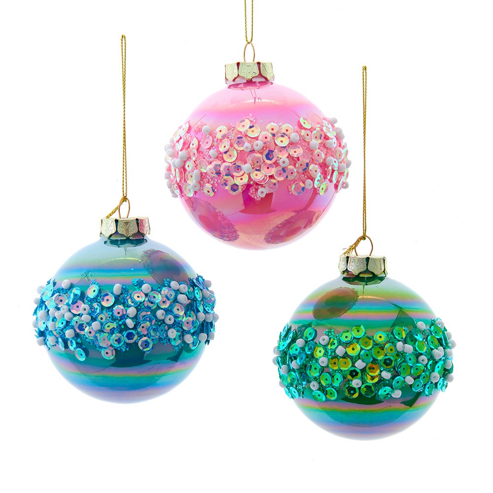 Kurt Adler 80MM Glass Pink, Blue and Green Glittered Ball Ornaments, 6-Piece Box GG1094