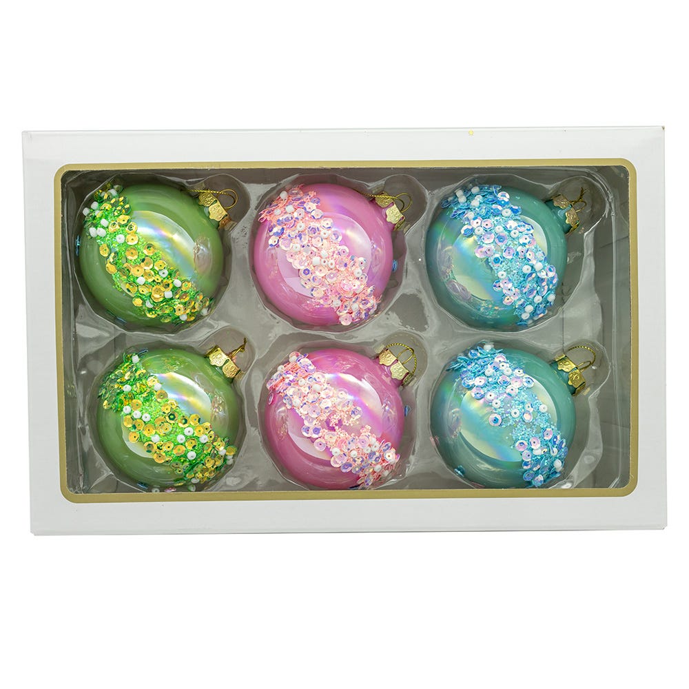 Kurt Adler 80MM Glass Pink, Blue and Green Glittered Ball Ornaments, 6-Piece Box