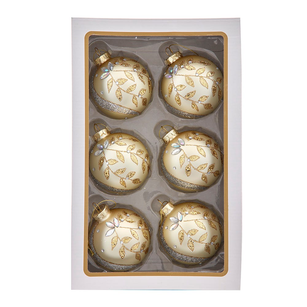 Kurt Adler 80MM Glass Gold Leaf Ball Ornament, 6-Piece Box