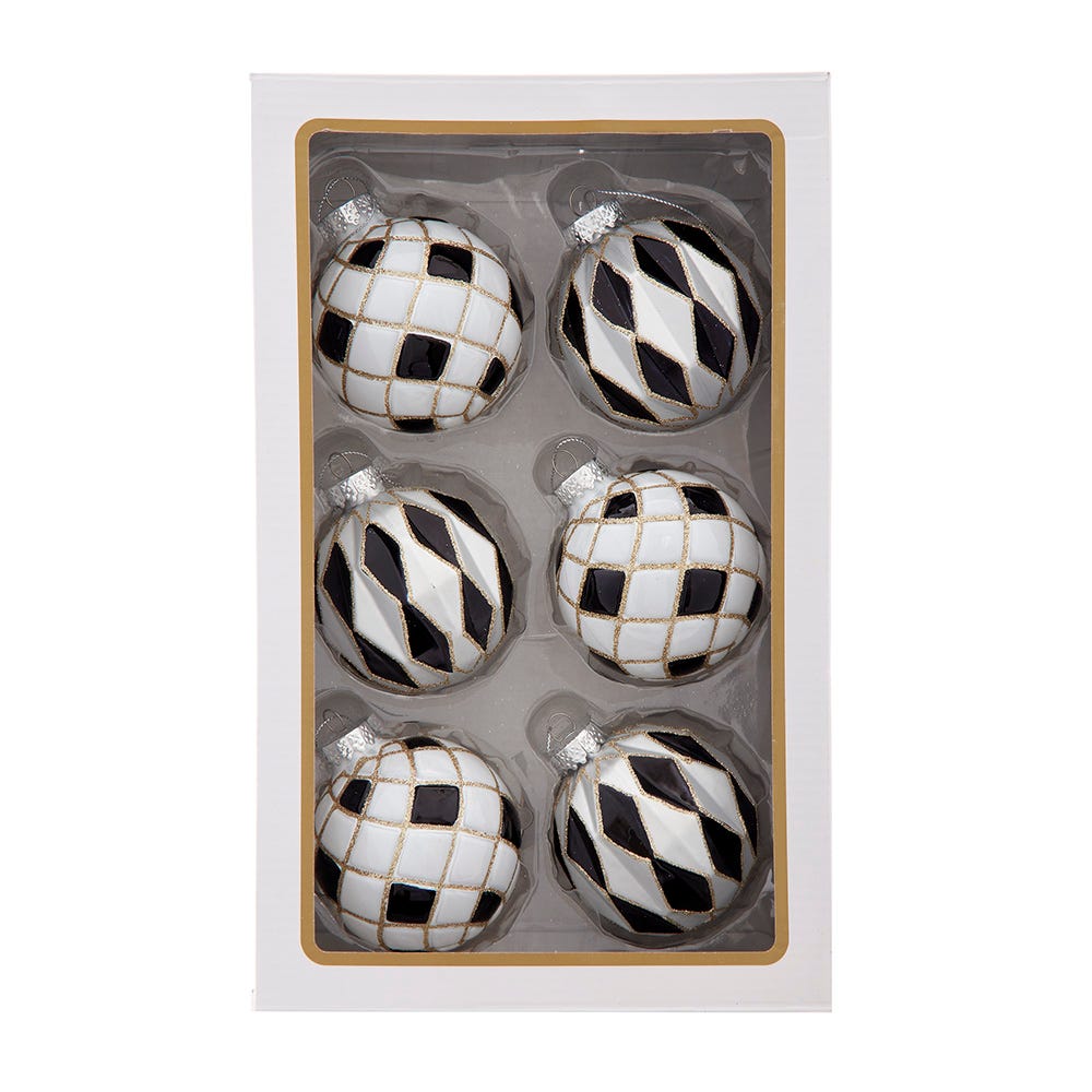 Kurt Adler 80MM Glass Black, White and Gold Checkered Ball Ornaments, 6-Piece Box GG1099