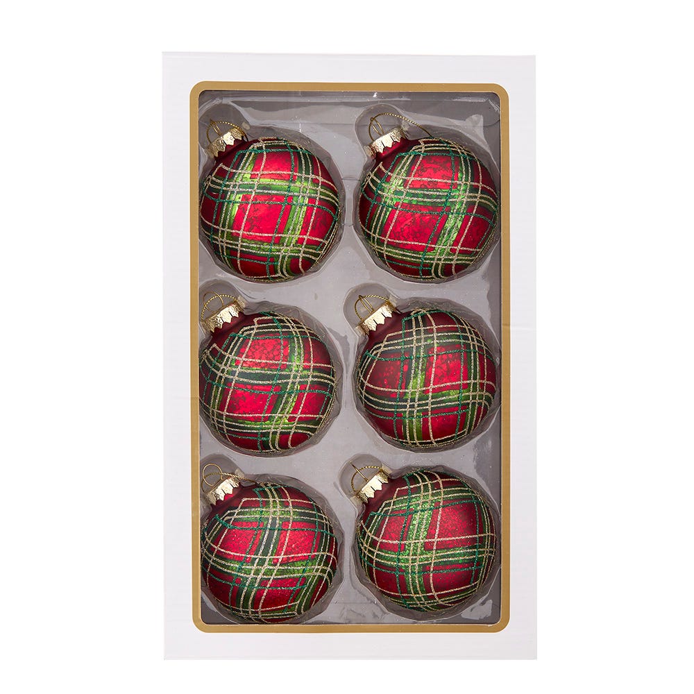 Kurt Adler 80MM Glass Matte Red and Green Striped Ball Ornaments, 6-Piece Set GG1104