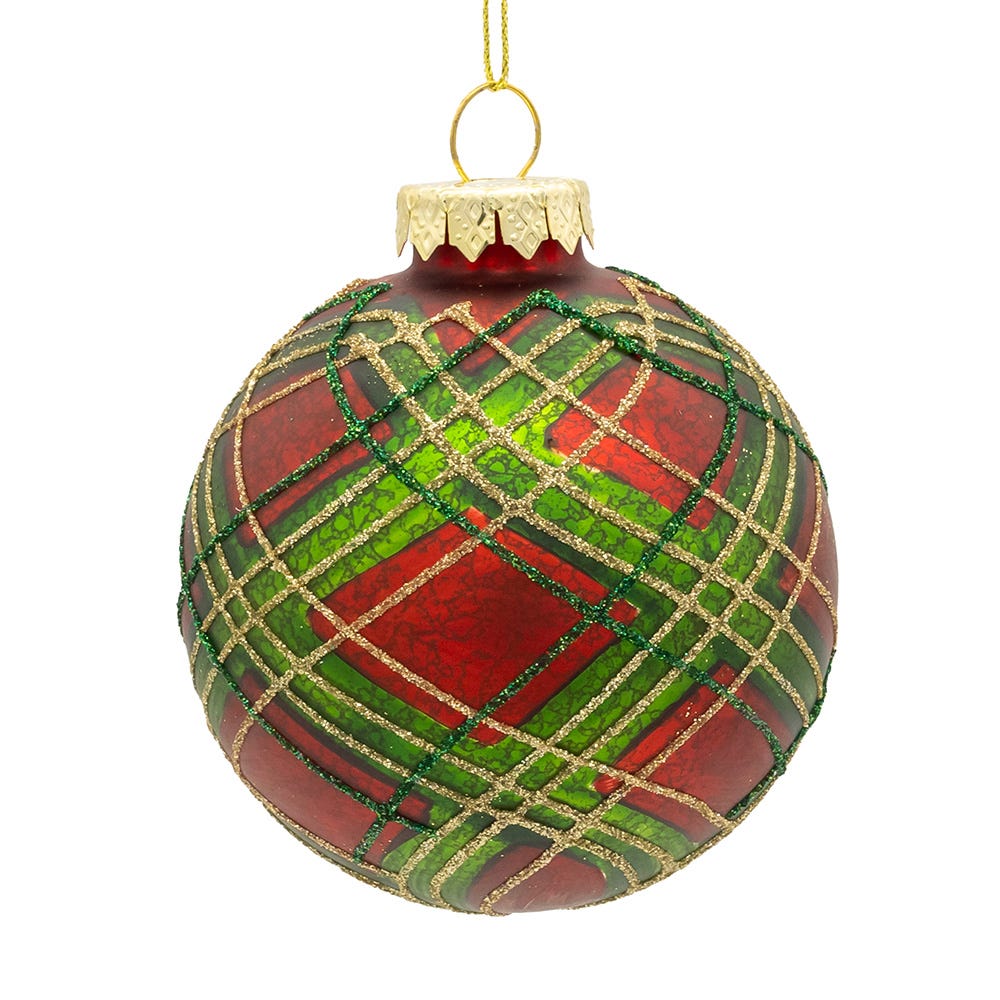 Kurt Adler 80MM Glass Matte Red and Green Striped Ball Ornaments, 6-Piece Set