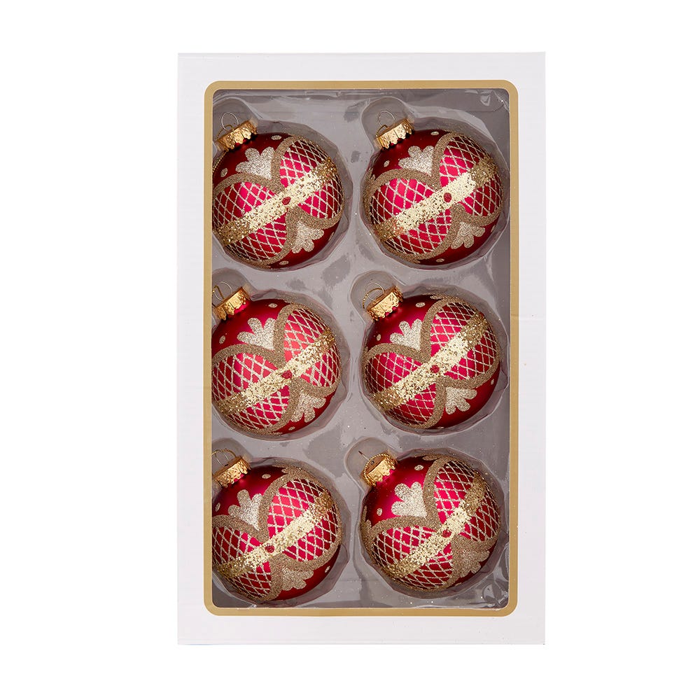 Kurt Adler 80MM Glass Matte Red with Green and Gold Glitter Ball Ornaments GG1105