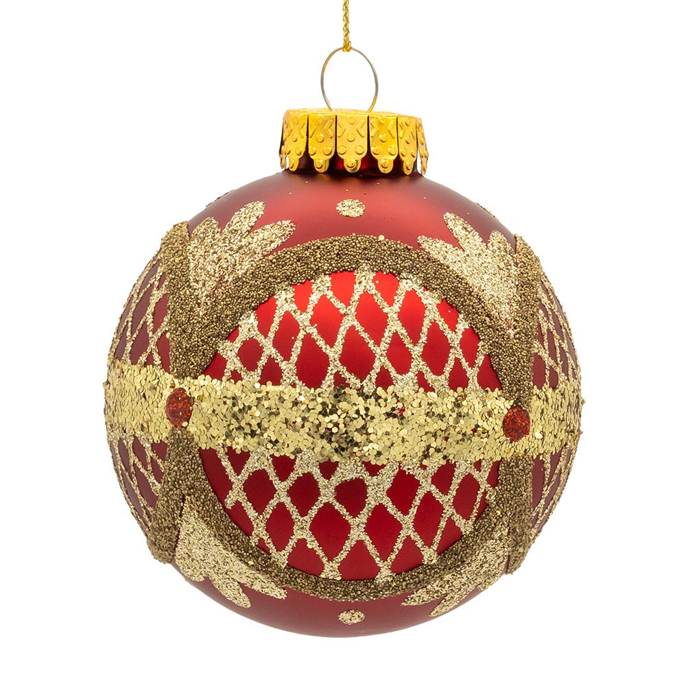 Kurt Adler 80MM Glass Matte Red with Green and Gold Glitter Ball Ornaments