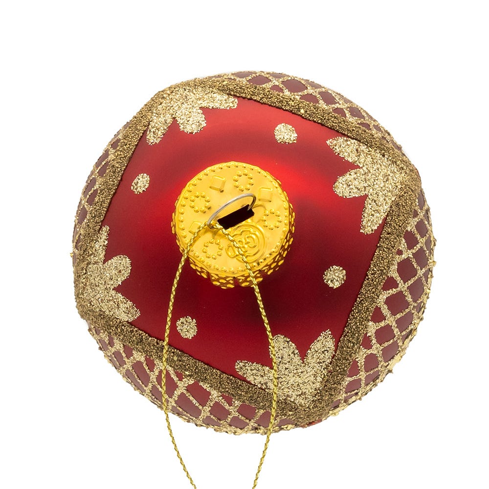 Kurt Adler 80MM Glass Matte Red with Green and Gold Glitter Ball Ornaments