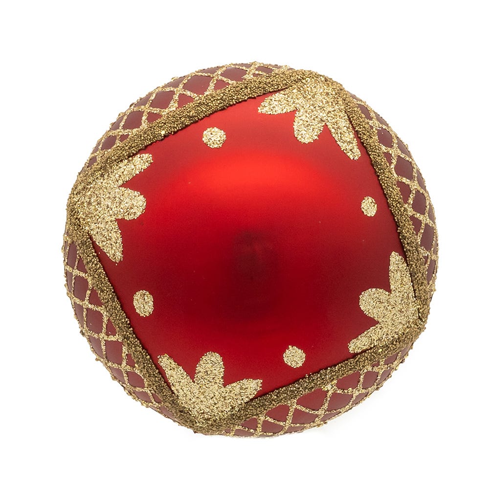 Kurt Adler 80MM Glass Matte Red with Green and Gold Glitter Ball Ornaments