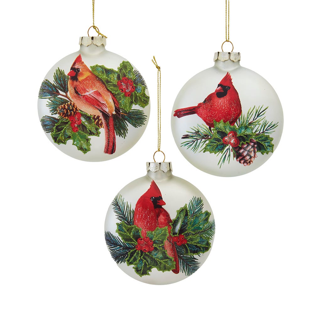 Kurt Adler 100MM Glass Cardinal With Holly Berry Flat Ball Ornaments, 3-Piece Box GG1106