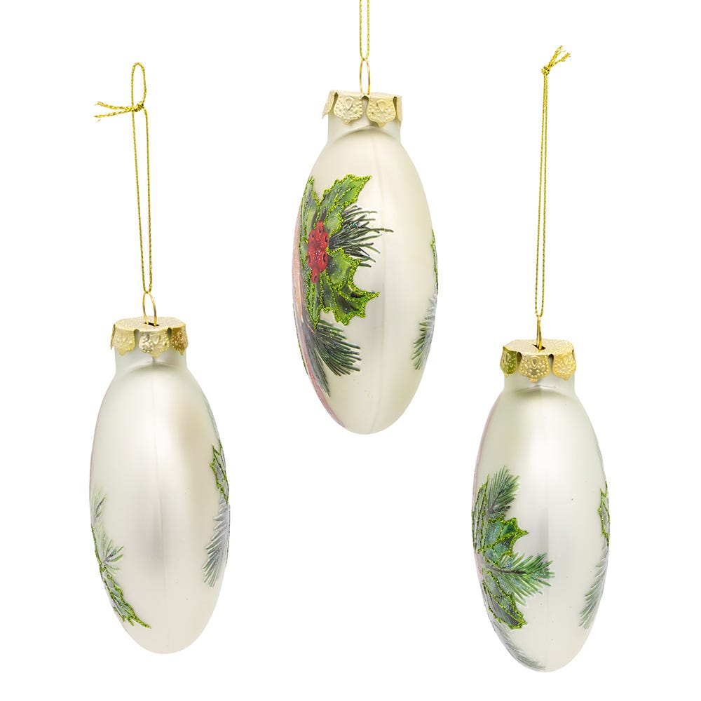 Kurt Adler 100MM Glass Cardinal With Holly Berry Flat Ball Ornaments, 3-Piece Box