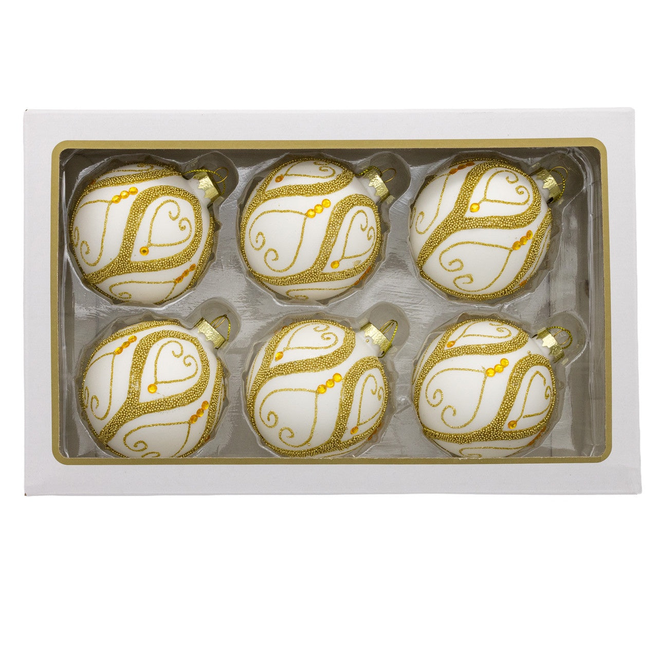Kurt Adler 80MM Glass White Balls With Silver & Gold Beads & Gems Ornament Set, 6-Pieces #GG1121