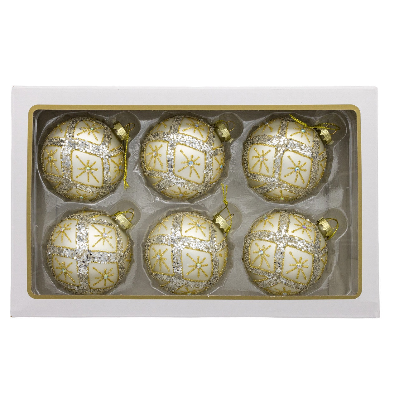 Kurt Adler 80MM Glass Silver Balls With Gold & Silver Criss-Cross Glitter Design Set, 6-Pieces #GG1122
