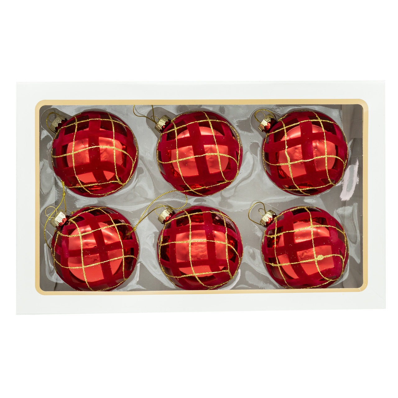 Kurt Adler 80MM Glass Flocked Red With Gold Glittered Design Ball Ornaments, 6-Piece Set #GG1133