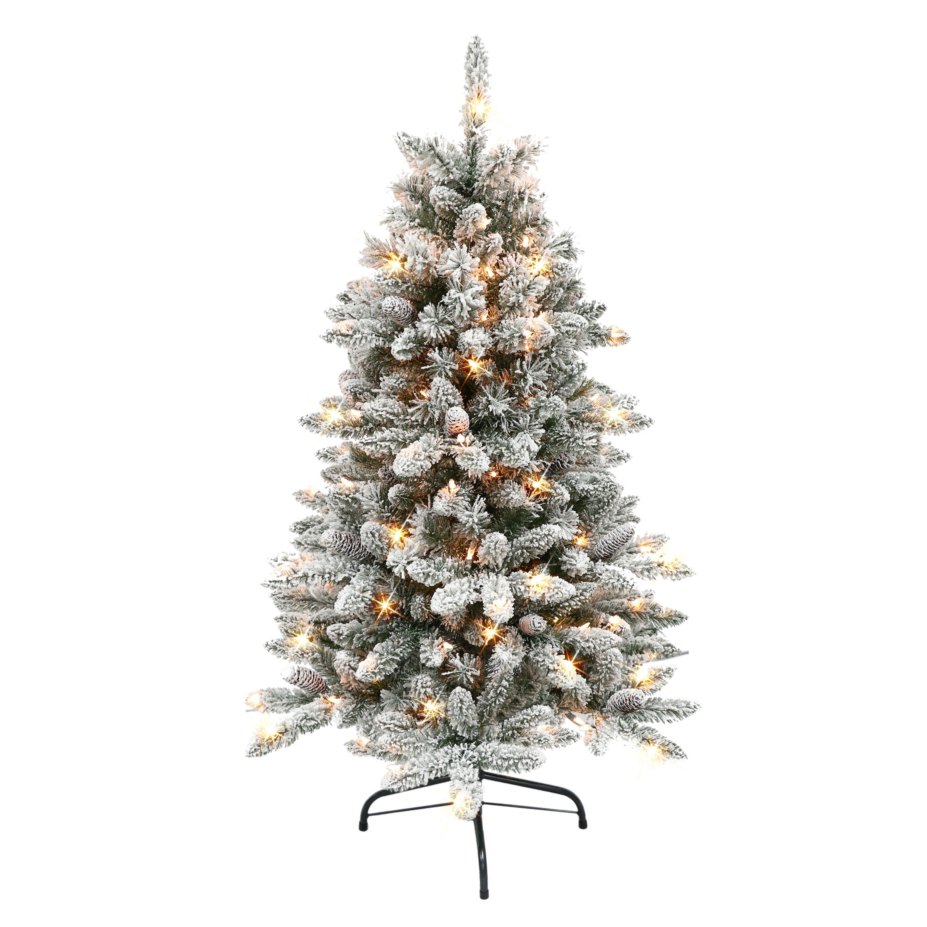 4.5 ft Pre-Lit Flocked ‎Bennington Fir Artificial Christmas Tree with 150 UL Clear Lights Metal Stand Green BYGA-45C150