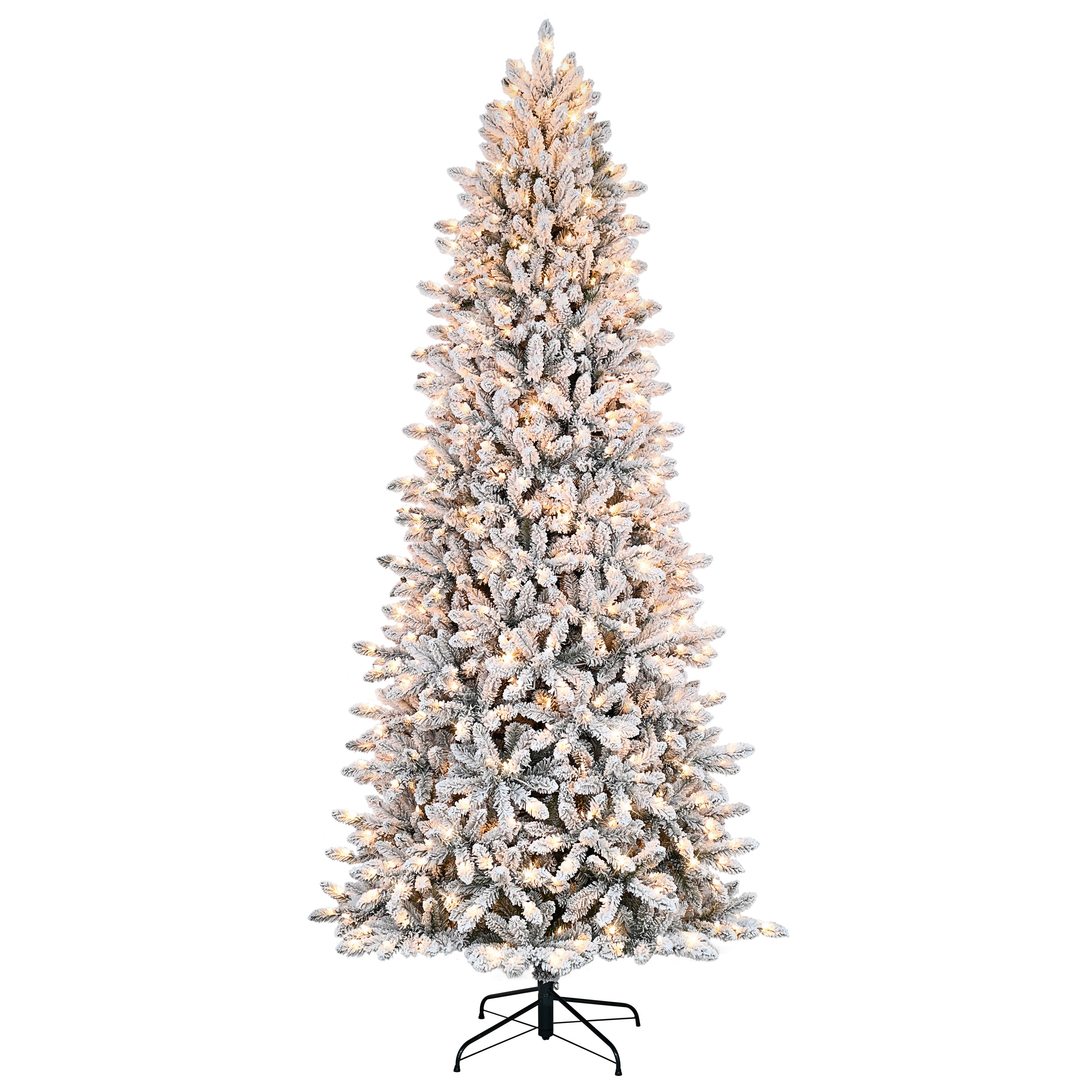 9 ft Pre-Lit Slim Flocked Fraser Fir Artificial Christmas Tree with 800 UL Clear Lights On/Off Foot Pedal Metal Stand Green FFSLFA-90C8