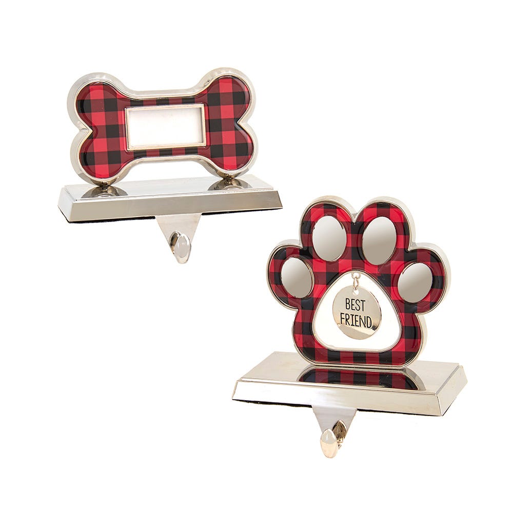 4.9-5.5" Red and Black Plaid Dogbone/Paw Stocking Holder, 2 Assorted H1651