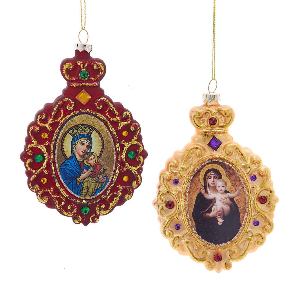 5" Glass Red/Gold Virgin and Child Ornament, 2 Assorted H1653