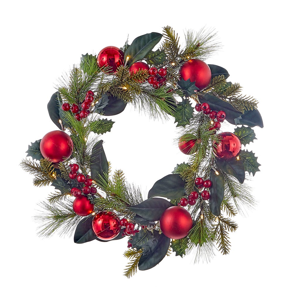 Kurt Adler 22-Inch Battery-Operated Red Berries and Balls LED Wreath H4112