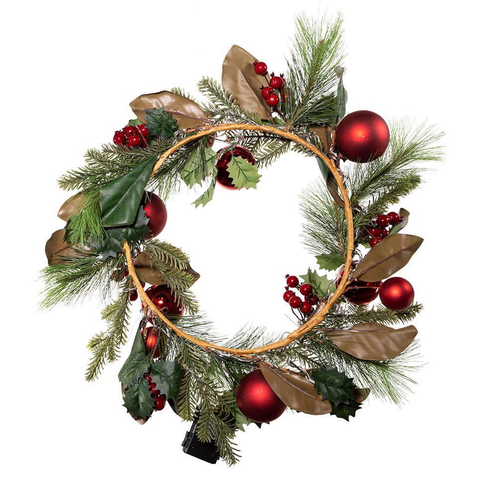 Kurt Adler 22-Inch Battery-Operated Red Berries and Balls LED Wreath