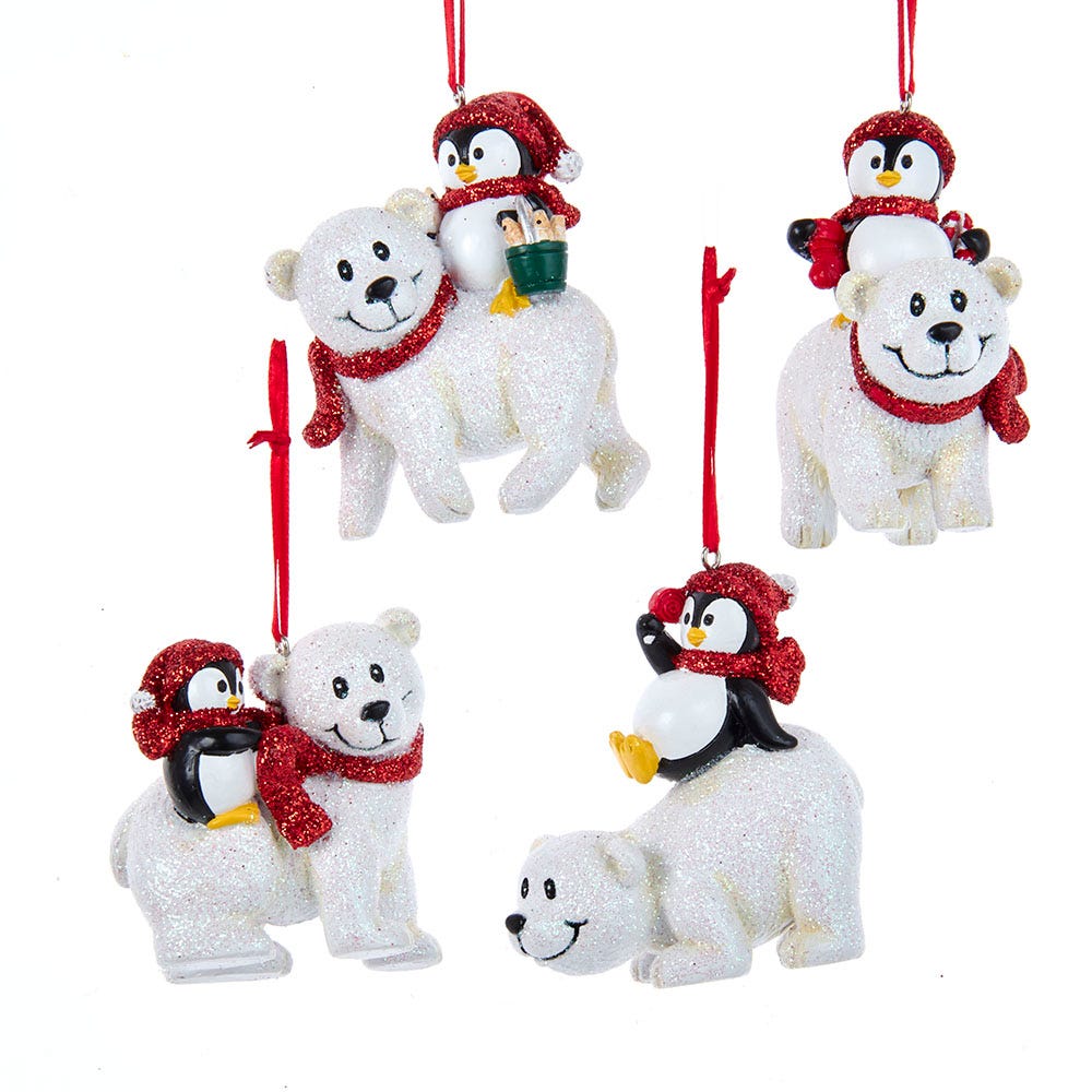 3.5" Penguin Playing with White Bear Ornament, 4 Assorted H5632
