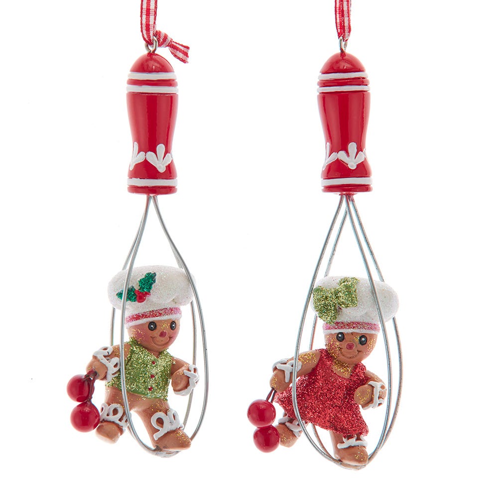 4.5" Gingerbread Boy/Girl on Whisk Ornament, 2 Assorted H5905