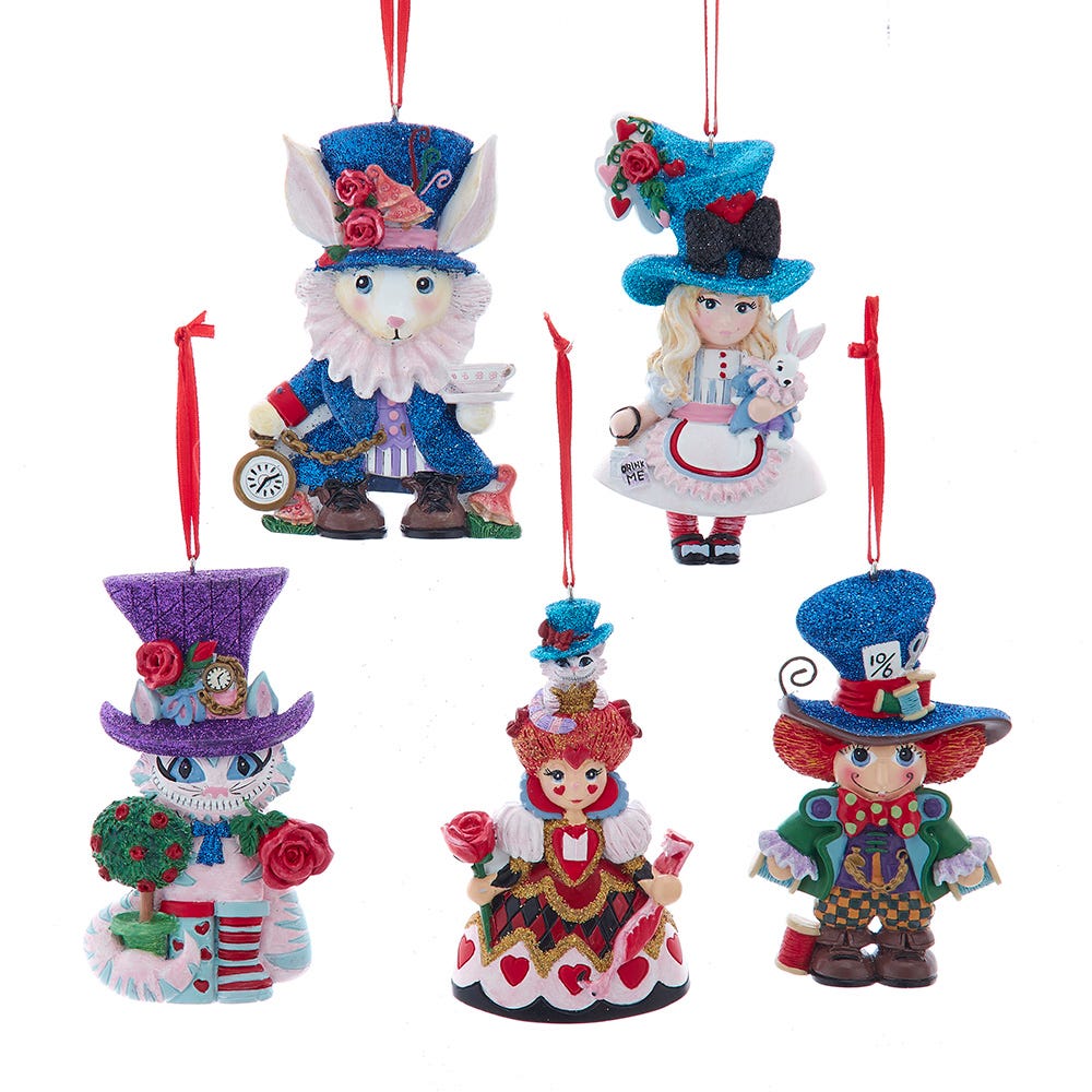 Kurt Adler Alice In Wonderland Wooden Character Ornaments 5-Piece Box Set H5907