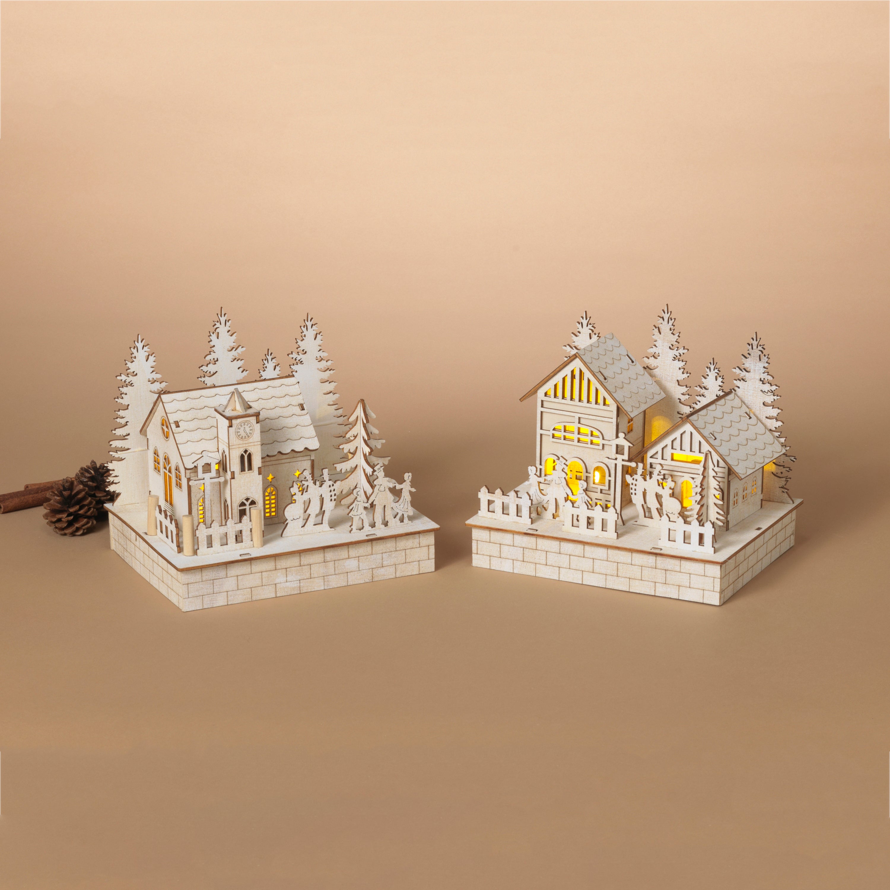 Artisanal 7.48 in L Battery Operated Lighted Wood Laser Cut Holiday Villages, Set of 2 2734350EC
