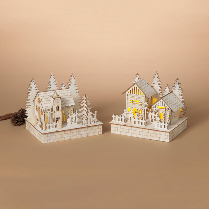 Artisanal 7.48 in L Battery Operated Lighted Wood Laser Cut Holiday Villages, Set of 2 2734350EC