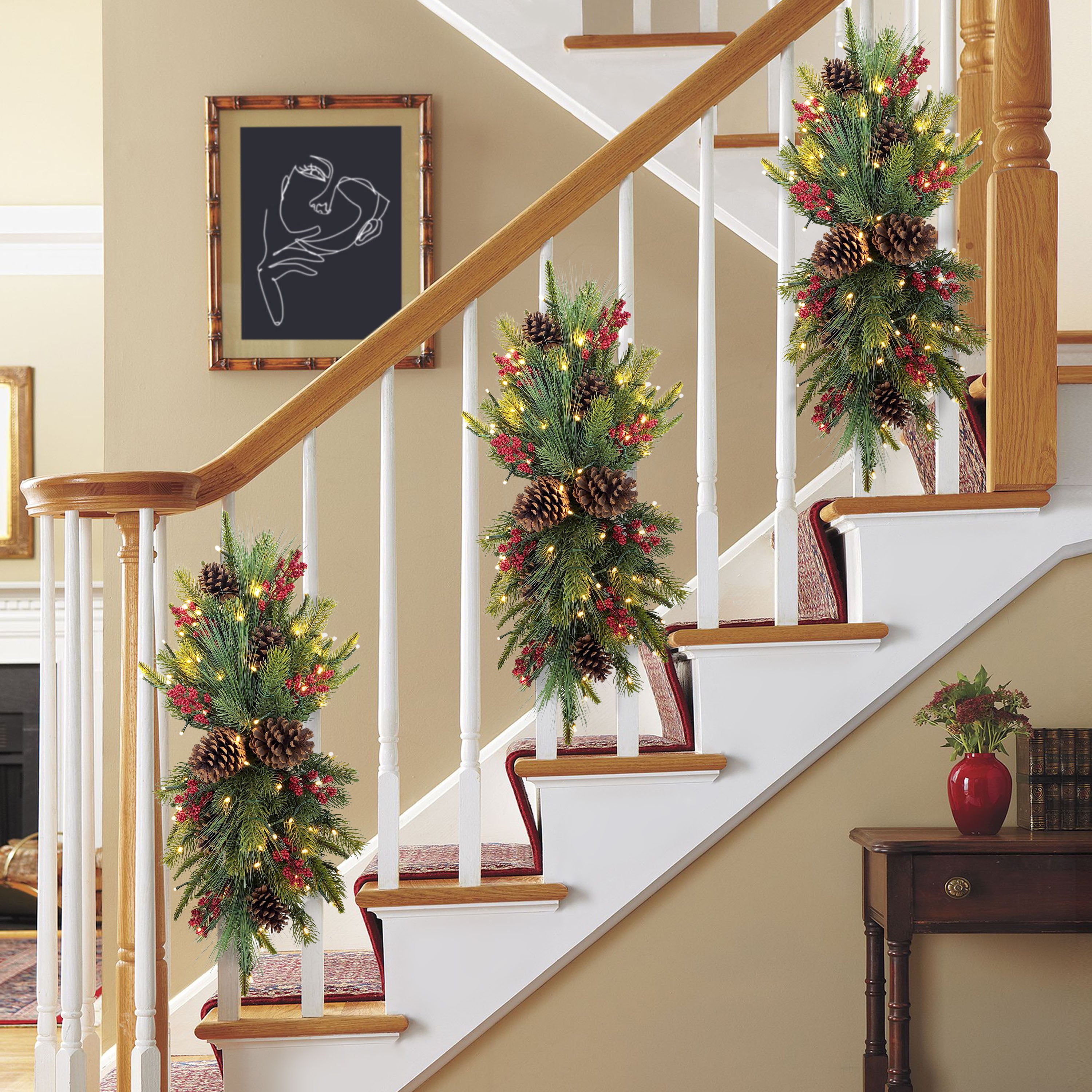 28" Pre-Lit Adorned Battery-Operated Banister Swag