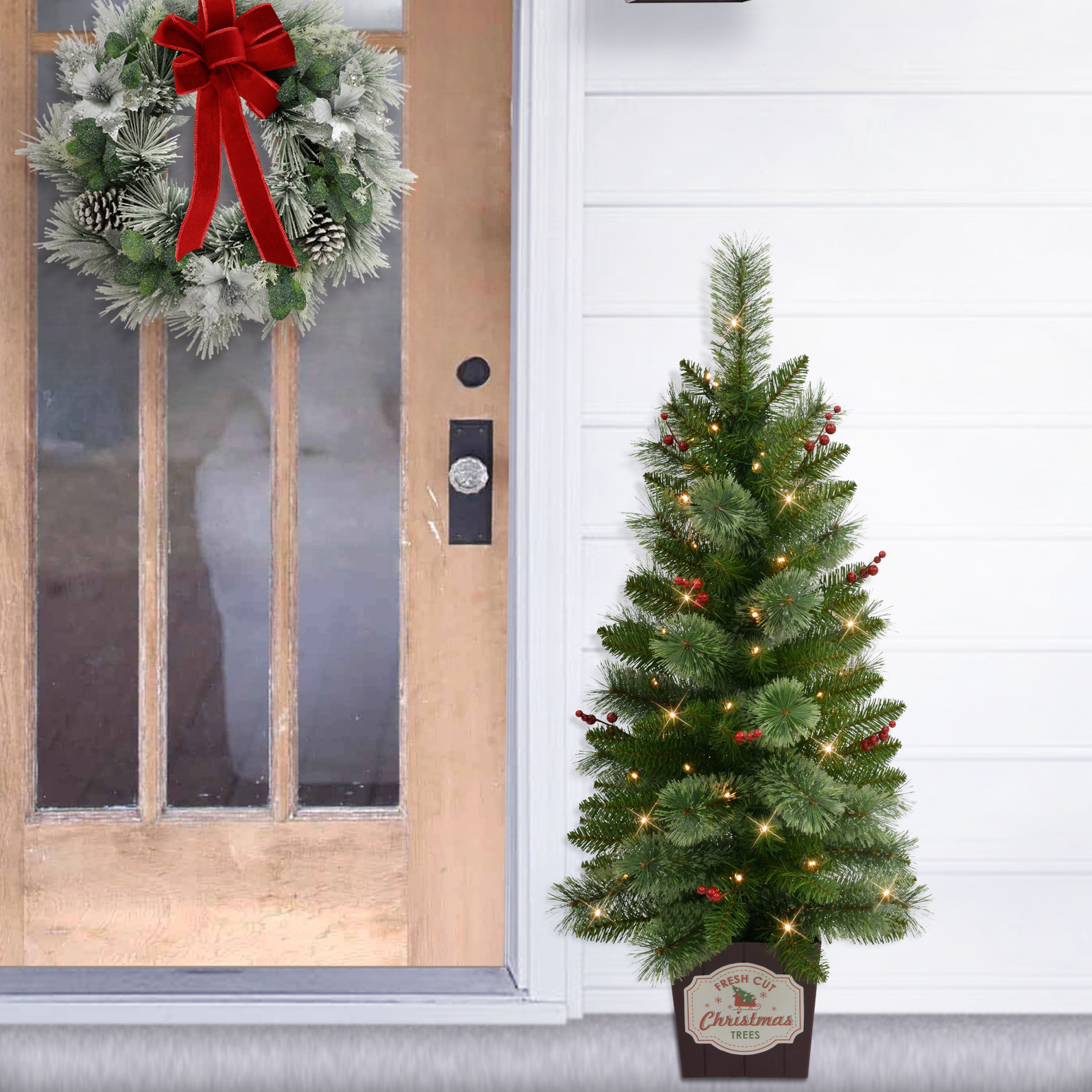 Set of 2 Cashmere Pre-Lit Battery-Operated Potted Christmas Trees